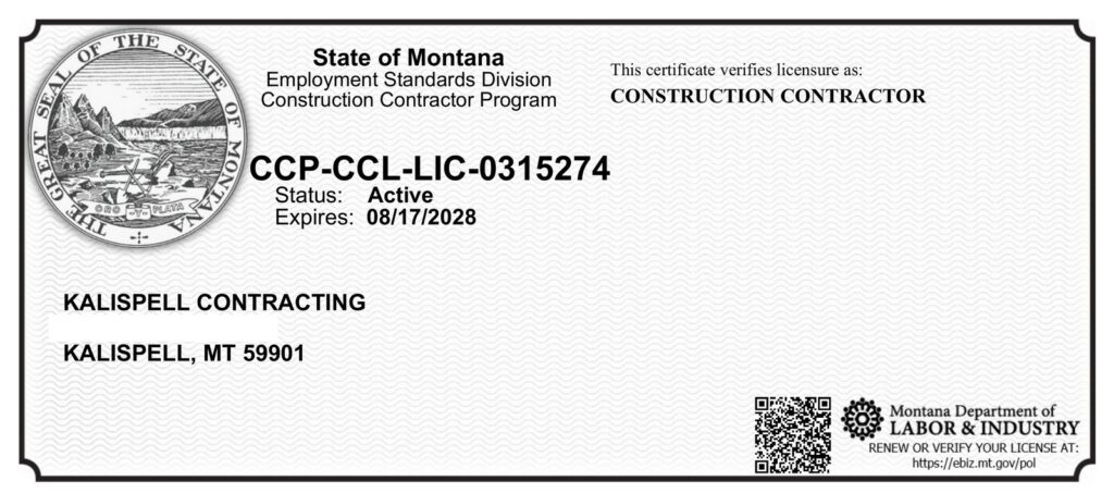 Montana Construction Contractor License CCP-CCL-LIC-0315274 issued to Kalispell Contracting, Kalispell, MT